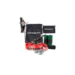 Ultrasport 25m Avance de Slackline avec cliquet incl. sac de transport, slackline pour débutants, enfants et familles, disponible avec protection d'arbre, set de slackline, slackline de fitness