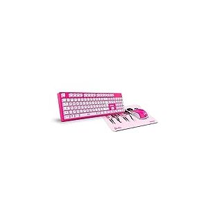 KROM Kit Clavier, Souris et Tapis de Souris Barbie Kandy - Clavier à Membrane LED Blanche, Souris 6400 DPI, Tapis de Souris en Caoutchouc Souple et résistant, Clavier Allemande, Rose