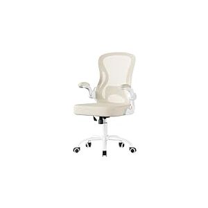 SONGMICS Chaise de Bureau Ergonomique Pivotante, en Maille, Fauteuil de Bureau, Soutien Lombaire, Fonction Basculante, Accoudoirs Rabattables, pour Chambre, Beige Cappuccino et Blanc Nuage OBN042LH02
