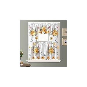 GOHD Lot de 3 Rideaux de Cuisine Style Rustique bross&eacute; &agrave; la Main avec Motif Tournesol et Papillon sur Tissu satin&eacute; &eacute;pais (Motif festonnes et 61 cm)