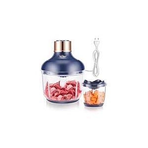 Bear 0,6l + 2L Hachoir Electrique Bol Préparation, Hachoir Multifonction 2 Vitesses, 4 Lames Acier Inoxydable, avec récipient en verre,Base AntidéRapante, Pour Viande, LéGumes, Fruits, Fruit Sec