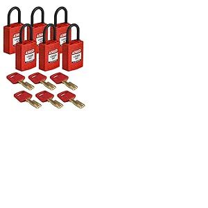 Brady (CPT-RED-25PL-KD6PK) Cadenas de condamnation SafeKey Compact Nylon avec anse en Nylon 25.00 mm Rouge KD - Clé différente 6 Pièce(s)
