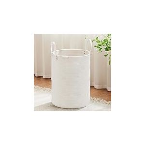 VIPOSCO Grand panier &agrave; linge sale avec poign&eacute;e en cuir, panier de rangement en corde tiss&eacute;e pour couverture, jouets dans le salon, la salle de bain, la chambre &agrave; coucher, 72 L, blanc