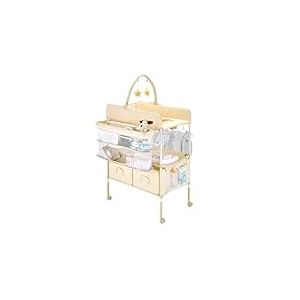 VEVOR Table à Langer Pliable, Plan à Langer 2 Tiroirs en Tissu, Panier Latéral et Tringle de Suspension, Meuble pour Bébé Réglable en Hauteur, avec roulettes Verrouillables et 2 Jouets Étoiles, Beige