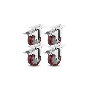 COOCHEER 4 Pcs Roulette Pivotante avec Frein, Lot de 4 Roulettes pour Meubles, Capacité de 400kg, Rouge
