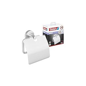 tesa MOON dérouleur papier toilette avec couvercle, l'élégant support à papier wc en métal chromé impressionne par son design arrondi classique et son montage simple, 53 mm x 140 mm x 128 mm