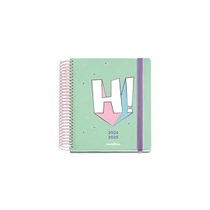 Miquelrius Back2Fun HI Agenda scolaire 24-25 septembre 2024 à juin 2025, format 155 x 180 mm, un jour par page, spirale plastique rose, couverture carton doublé, fermeture avec élastique,