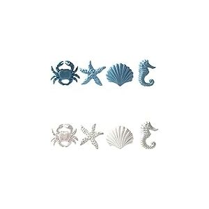 MechWares-Style marin retro Poignée de tiroir en fonte- Armoires de cuisine Garde-robe Placard Matériel informatique- Modèle de Hippocampe | Étoile de mer | Crabe | Pétoncle (8, Bleu+Blanc)