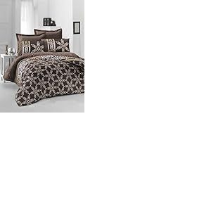 Nuit Des R&ecirc;ves Parure de lit Double en Satin de Luxe (200 x 200 cm), 100% Coton, 2 taies d'oreiller (80 x 80 cm), Lavable en Machine, Design &eacute;l&eacute;gant Marron, Blanc et Jaune