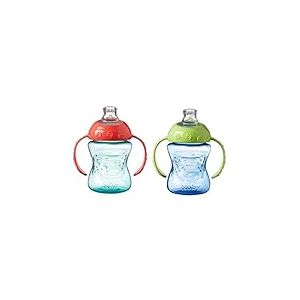 Nuby Grip N Sip – Tasse d’apprentissage avec poignée | Bec souple antifuites | 240ml | Bleu et Vert | + 4 mois | 2 Pack