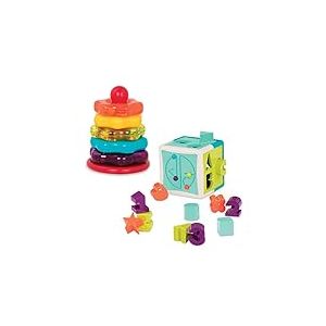Battat - Trieur de Formes Cube+ Anneaux d'empilage - Combo de tri et d'empilage - Ensemble de tri sensoriel de 17 pièces - Cube d'activités avec Labyrinthe de Perles - 2 Ans et +