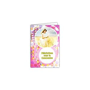 68-1019/2 Carte avec Enveloppe Félicitations pour ta COMMUNION FILLE PAILLETTES Aube Robe Blanche Champ de Blé Pain Ostie Couleur Rose Fête Printemps