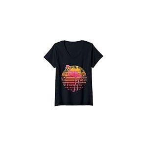 Femme Retro Flamant Rose T-Shirt avec Col en V