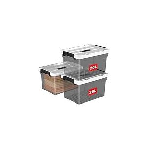 Cetomo 20L*3 Bo&icirc;te de Rangement, Bac de rangement avec Poign&eacute;e, Plastique Organisateur avec Couvercle, Empilable, Transportable, pour V&ecirc;tements, Bureau, Dortoirs, Transparent Noir, 20L - Lot de 3