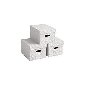 VON Leitz 61410001 Lot de 3 bo&icirc;tes de rangement avec couvercle, 15 l, moyen, 100% carton recycl&eacute;, design g&eacute;om&eacute;trique, pour l'&eacute;cole, l'&eacute;tude et la maison, blanc, 3 pi&egrave;ces