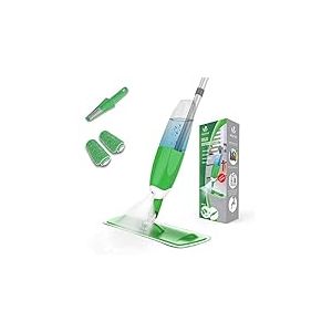 VOUNOT Balai Lave Sol avec Vaporisateur Récipient Eau 650ML Balai avec tête Flexible 360 degré 2 Chiffons Microfibre et 1 Brosse de Nettoyage Inclus Balai Nettoyant Vert