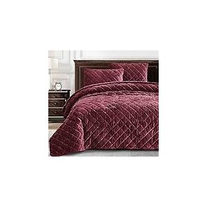Chezmoi Collection Lux Parure de lit 3 pi&egrave;ces en Velours Effet Vieilli pour Toutes Les Saisons, Couette l&eacute;g&egrave;re en Microfibre bross&eacute;e avec Coutures en Diamant pour tr&egrave;s Grand lit, Bordeaux