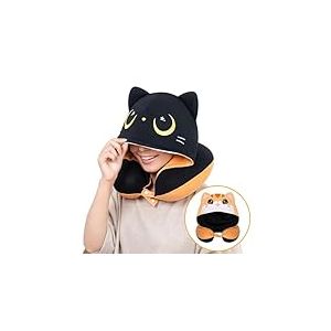 Mewaii Oreiller de Voyage avec Capuche, Oreiller de Cou en Forme de Chat Mignon pour Adolescents et Adultes, Coussin de Nuque en Mousse &agrave; m&eacute;moire de Forme pour Appui-t&ecirc;te de vol - Flip Noir