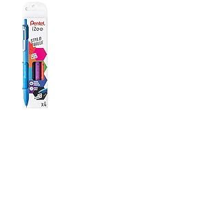 Pentel BX470/4EASY Pochette de 4 stylos-bille iZee rétractables avec clip en métal Noir/rouge/bleu ciel/violet