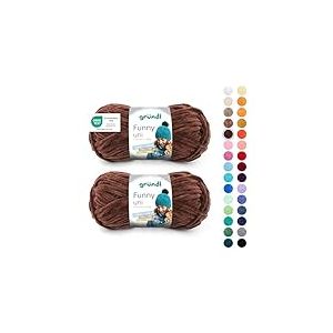 Gründl Wolle Funny uni - laine chenille douce pour le crochet - fil chenille 100% polyester, 2 pelotes (100 g/ 120 m, taille des aiguilles : 5-6) - Brun