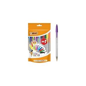 BIC Cristal Multicolour Stylos-Bille Pointe Large (1,6 mm) - Écriture Vive et Colorée - Couleurs Assorties, Pochette Refermable de 20+7