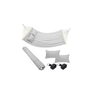 Bakaji Hamac de Jardin Double 2 Places 232 x 148 cm Barres transversales en Bois Revêtement en Polycoton avec 2 Coussins et Sangles Design Moderne pour Jardin Terre Camping (Gris Clair)