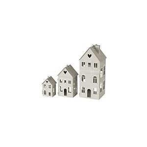 BOLTZE 2049902 Lot de 3 lanternes en métal, Couleur : Gris, L 9-15,5 cm, l 7,5-15,5 cm, H 14-36 cm, Forme de Maison, à Suspendre, décoration, photophore, bougeoir