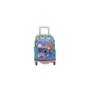 TOYBAGS Sac &agrave; Dos Scolaire Stitch Tropical - Double Compartiment - avec Accessoire Pom-Pom - Adaptable + Chariot Rose Protection lat&eacute;rale et Stopper Avant Anti-Chute 4 Roues pivotantes - 44 x 30 x 20
