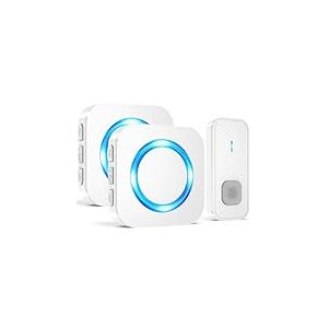 SURFOU Sonnette sans Fil Exterieur &Eacute;tanche, Longue Port&eacute;e 400M de Carillon Electronique Kit, 55 M&eacute;lodies au 5 Niveaux Volumes pour Maison, Indicateur LED Bleu (Blanc, 2 r&eacute;cepteur + 1 &eacute;metteur)