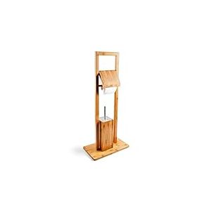 BAKAJI Ensemble Porte-Brosse WC et Porte-Rouleau de Papier-Toilette en Bambou HxlxP : 82 x 36 x 21 cm dérouleur Distributeur Papier serviteur de Toilettes en Bois Support Brosse Amovible, Nature