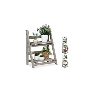 Relaxdays Escalier à fleurs, étagère bois, Escalier plantes échelle pliante intérieur, HxlxP: 51,5 x 41 x 24 cm, gris