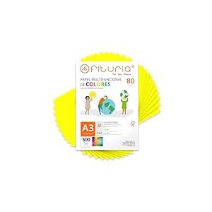 Feuilles de couleur, Pack 500 Feuilles A3 80gr – Papier couleur pour loisirs créatifs, imprimante, scrapbooking – Feuilles colorées – Idéal pour origami, pliage, bureau et école (Jaune Fluo, 500h)