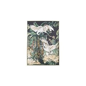 DRW Tableau sur toile avec cadre en bois dor&eacute; avec oiseaux et jungle dans des tons verts et blancs 142,4 x 102,4 x 4,3 cm