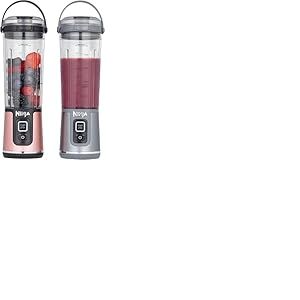 Ninja Blast Pack de 2 blenders portables de 530 ml, couvercle anti-fuite et bec verseur, sans fil, rechargeable, smoothies, shakes protéinés, granités, or rose et argent métallisé, BC151UKEUGV