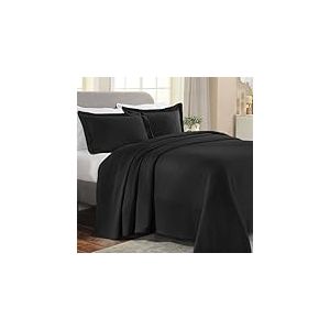 Superior - Solitaire - Parure 3 pi&egrave;ces d&eacute;corative pour lit Queen Size en Coton textur&eacute; incluant Un Couvre-lit matelass&eacute; et a&eacute;r&eacute; et Deux taies d&rsquo;Oreiller, pour Toutes Les Saisons, Noir