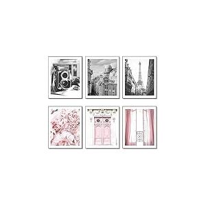 HoozGee Impression sur toile style vintage Paris noir et blanc, tour Eiffel, fleurs roses, portes, fenêtres, décoration murale pour bureau, chambre à coucher, salon (27,9 x 35,6 cm, sans cadre)