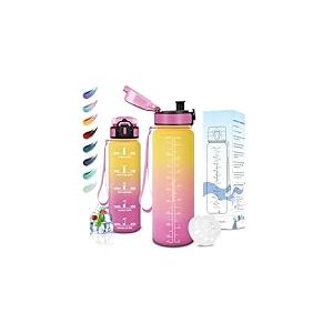 Motswedi Gourde Sport, 1L sans BPA, Bouteille d'eau, Étanche & Réutilisable, Gourde, avec Marqueur de Temps et Filtre, Gourde pour Enfant, Adulte, Sport, Yoga, Gym, Camping, Randonnée, Jaune Rose
