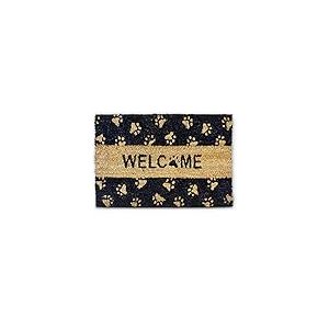 Relaxdays Paillasson fibres de coco Imprim&eacute; Welcome et pattes de chat 60 x 40 cm tapis de sol porte entr&eacute;e dessous antid&eacute;rapant caoutchouc PVC int&eacute;rieur ext&eacute;rieur essuie-pieds natte, noir