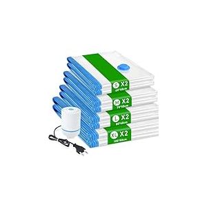 Lot de 8 Sacs Sous Vide pour V&ecirc;tements avec Pompe, Sacs de Rangement Compressibles XL/L/M/S pour Couettes, Housses et Habits, &Eacute;tanches et Gain de Place pour Voyage, Maison et D&eacute;m&eacute;nagement