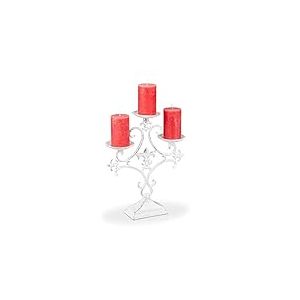 Relaxdays Chandelier, 3 Branches, Porte Grosses Bougies, Vintage, en Fonte de Fer,HlP 28,5x23x7,5cm, Blanc