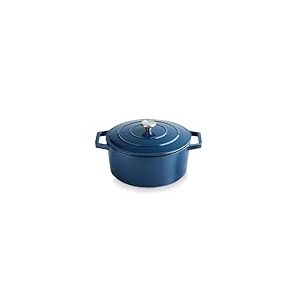 QDESIGN Cocotte ronde en fonte d'acier sans PFOA - tous feux dont induction - Compatible four, lave-vaiselle et frigo - Ronde, Bleu, Ø 28cm (6,8L)