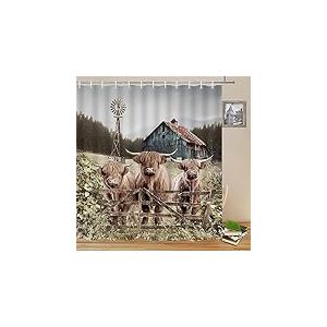 Yadshoti Rideaux de douche rustiques pour bovins des Highlands, moulin &agrave; vent, grange, animaux de grange, trois vaches, cl&ocirc;ture en bois, paysage forestier, campagne, d&eacute;coration de salle de bain, ensemble de rideaux en tissu avec crochets 178 x 178 cm