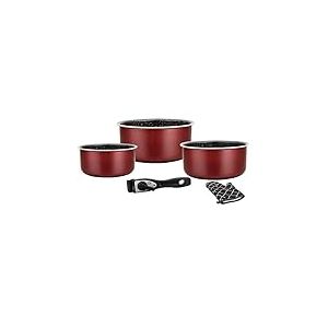 Herzberg Batterie de cuisine - lot de casserole induction - set casserole et poele tous feux - set de cuisine de 5 éléments avec casseroles revêtement marbre et poignée amovible - Bordeaux HG 8051 BR