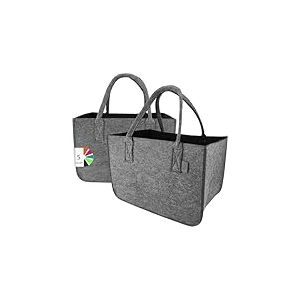 IDEA HOME Sac en Feutre Shopper 2 pièces Grand - 30 litres Sac de Courses XXL Pliable Panier à Bois de Cheminée Sac à Jouets, Gris Foncé/Noir, XL