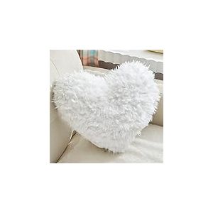 MOOWOO Décoration de Saint-Valentin, Coussin Moelleux en Forme de cœur avec Housse de Coussin et Insert, Fausse Fourrure à Poils Longs, décorations de Noël (Blanc, Forme de cœur, 40 x 40 cm)
