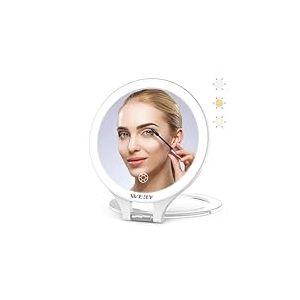 WEILY Miroir Maquillage, 10X/1X Miroir Grossissant Lumineux, Double Face Miroir de Voyage, avec 3 Lumières de Couleur, Contrôle Tactile, Rechargeable Portable Miroir pour Chambre (Blanc)