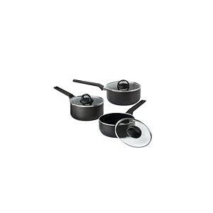 QDESIGN BLACK+ Lot de 3 Casseroles en Aluminium ultra antiadhésif anti-rayures sans PFOA + 3 couvercles en verre - tous feux dont induction - Compatible four, lave-vaiselle frigo - Noir, Ø 16/18/20cm