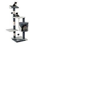 lionto Arbre &agrave; Chat avec 2 balles en Peluche & Corde de Jeu, Hauteur 112 cm, avec Corde en sisal & Peluche, Surface de Repos & Grotte, Support Mural Inclus, pour Petits & Grands Chats, Gris/Blanc