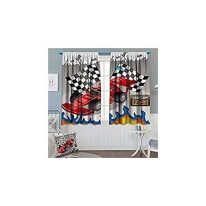 Brccee AC Rideau de fenêtre décoratif pour Enfants, Motif Voiture de Course avec Ligne d'finition, Drapeaux Pilotes et Flammes avec Fond Gris Abstrait, Rideaux décoratifs pour Salon, 132,1 x 160 cm,