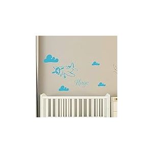 Stickers Prénom Personnalisé | Sticker Autocollant Avion dans les Nuages - Décoration Murale Chambre Enfant | 2 Planches de 35 x 25 cm et 40 x 25 cm – Bleu Ciel